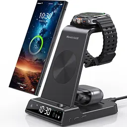 Бездротова зарядна станція 3-в-1 для Samsung Galaxy (S25/S24/S23/S22, Watch, Buds) з годинником, чорна