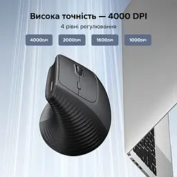 Бездротова вертикальна миша UGREEN M571P 2,4 ГГц з USB-A приймачем 4 рівні чутливості до 4000 DPI потребує окремого придбання батарейки AA з перемикачем Windows/macOS з бічними кнопками навігації дальність до 10 м без перешкод без встановлення драйверів з автоматичним режимом сну з індикацією низького заряду темно-сіра з чорним (65042) - мініатюра 4