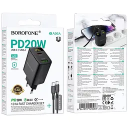 МЗП Borofone BA96A Ilustre with digital display PD20W+QC3.0 (1USB-A/1C) + кабель Type-C to Type-C Black - мініатюра 3