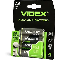 Батарейка AA (LR6), лужна, Videx, 4 шт., 1.5V, Blister
