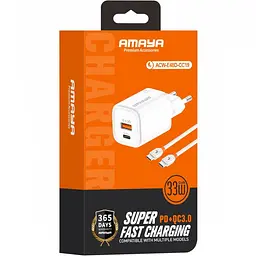 МЗП Amaya E48D PD33W+QC3.0 (1USB-A/1C) + кабель Type-C to Type-C White - мініатюра 2