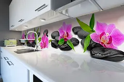 Кухонний фартух Яскраві орхідеї на гладкому камені наклейка квіти каміння Рожевий 65х250 см Happy Pocket Z180555