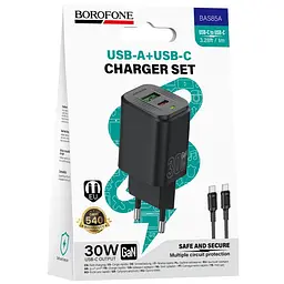 МЗП Borofone BAS85A Star PD30W+QC3.0 (1USB-A/1C) + кабель Type-C to Type-C Black - мініатюра 2