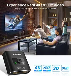 HDMI-перемикач / спліттер VWRHar 2-в-1 / 1-в-2, HDMI 2.0, 4K 60Hz - мініатюра 6