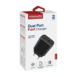Зарядний пристрій Promate 17W USB-C + USB-A (biplug-2.black) - мініатюра 8