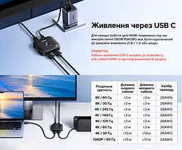Перемикач HDMI 2.1 UGREEN AW700 комутатор 2 входи 1 вихід 8K 60 Гц 4K 240 Гц 4K 120 Гц 2K 240 Гц 1080p 360 Гц 1080p 240 Гц чорний (65877) - мініатюра 3
