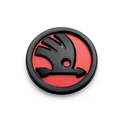 Емблема передня SKODA 90 мм ЧЕРВОНА пластик (на скотчі та 3 вусики) OEM 32D853621A
