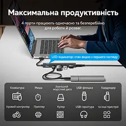 USB-хаб Vention USB 3.2 Gen 2 штекер USB-A к хосту 2 USB-A и 2 USB-C для данных все 4 порта работают одновременно до 10 Гбит/с при поддержке хостом и периферией телефон как хост требует OTG и соответствующего OTG-переходника Windows Linux macOS Android iOS iPadOS без драйверов отдельный вход USB-C 5 В 2 А только для питания хаба без данных LED-индикатор защита от перегрузки короткого замыкания и обратного тока встроенный кабель 0,15 м чёрный (CHSBB) - миниатюра 5
