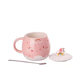 Чашка керамічна Happy Life Rainbow з кришкою та ложкою рожева 500 мл HPCY8278P - мініатюра 2