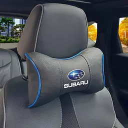 Подушка на підголівник з логотипом Subaru Екошкіра 3D Кольоровий лого Чорна-Синій кант 1 шт