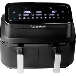 Аерофритюрниця Hanseatic HAF212600D 2в1 з XXL-об’ємом 9 л, функцією сушіння, двома лотками та сенсорним дисплеєм