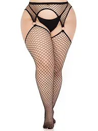 Панчохи Leg Avenue Stokings with O-ring Attached Garter Belt, 1X/2X, чорні, у сітку, імітація пояса - мініатюра 3