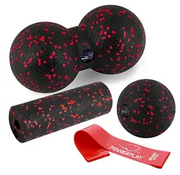 Набір для масажу та йоги PowerPlay PP_4091 EPP (2 м'ячики + валик масажер 15*5,3 см) Red + гумка 11 кг (PP_4091_Red)