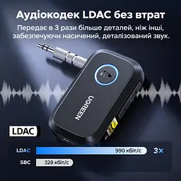 Бездротовий аудіоприймач UGREEN BT509 Bluetooth 6.0 з виходом AUX 3,5 мм LDAC 24 біт/96 кГц за підтримки LDAC джерелом з мікрофоном для дзвінків до 17 год роботи підключення 2 пристроїв із відтворенням з одного за раз регулювання гучності та перемикання треків керування відтворенням і викликами автоматичне повторне підключення заряджання через USB-C для автомагнітол і колонок з AUX чорний із синім кільцем (55546) - мініатюра 13