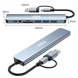 USB-хаб XON SmartHub 9 в 1 (Ethernet, SD/TF, 2xUSB2.0, 2xUSB3.0, Type-C, 3.5 Audio) Сірий (UHCHP093322G 5238) - мініатюра 2