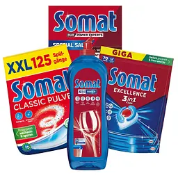 Somat Total Care Set 4-в-1: ополіскувач для посудомийних машин Rinser Extra-dry effect 750 мл + сіль для посудомийних машин Потрійна дія 1.5 кг + порошок для миття посуду в посудомийній машині Classic Pulver 2 кг + капсули для посудомийної машини Excellence 3-в-1, 70 шт.
