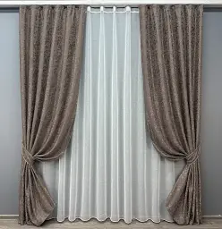 Комплект штор с тюлем VR-Textil Лен Мрамор, какао с белым, 2 шторы 100×270 см + тюль 300×270 см, арт. 71-014/1