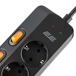 Мережевий фільтр-подовжувач 2E SP-6M-3SW-BK 3 м, 6xТип F, 16 А, 2xUSB-A, 1x USB-C - мініатюра 2