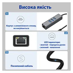 Концентратор USB 3.0 Type-C/Type-A to RJ45 Gigabit Lan, 3*USB 3.0, cable 13 cm Dynamode (DM-AD-GLAN-U3) - мініатюра 5