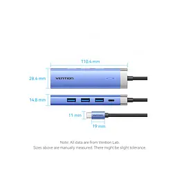 Концентратор Vention USB 3.1 Type-C to HDMI/USB 3.0x3/PD 100W Blue Aluminum Alloy Hub 5-in-1 (TGESB) - мініатюра 11
