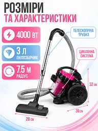 Пилосос циклонний без мішка рожевий 4000 Вт контейнер 3 л (49676033) - мініатюра 8
