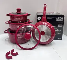 Набір каструль і сковорода Higher Kitchen HK-305, Набір посуду з антипригарним покриттям (Червоний, Чорний) - мініатюра 5