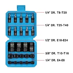 Набір торцевих головок Torx Female E-Torx, 24 шт. | 10 шт. торцевих головок Star (T8-T40) і 14 шт. торцевих головок E-Torx Female - мініатюра 5