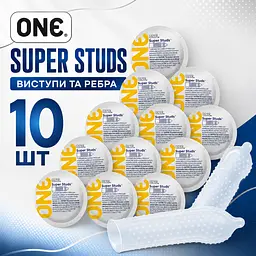 Презервативи ONE Super Studs 10 ШТ, текстуровані латексні з крапками та ребрами, гладкі додатково змащені