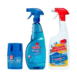 Набір Sano Бачок для миття унітазу Blue Flash, Засіб для видалення цвілі Mildew Remover, Універсальний засіб Clear для стекол та поверхонь (287607, 293561, 425646)