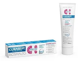 Детская зубная паста CURASEPT BIOSMALTO против кариеса, эрозии и истирания, от 6 месяцев до 6 лет, клубника, без фтора, 50мл