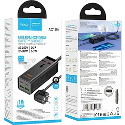 Мережевий подовжувач Hoco AC10A Barry PD65W GaN (2C2A with 1 socket) Desktop Charger Black - мініатюра 5