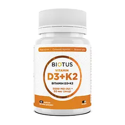 Вітамін D3+К2, Vitamin D3+K2, 5000 МО/50 мкг, 60 капсул Biotus vit0003193