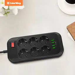 Фільтр мережевий 2 м ColorWay, Black, 6 x євророзетки, 4 x USB до 3.4 A (Super Charge), дріт з міді (до 2500 Вт), 10A, захисні шторки, 312 x 190 x 50 мм (CW-CHE64B) - мініатюра 6