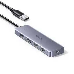 USB-хаб UGREEN CM219 концентратор вхід USB-A виходи 4 USB-A 3.0 до 5 Гбіт/с порт USB-C лише для живлення хаба для передавання даних не для заряджання без встановлення драйверів для Windows macOS Linux захист від перенапруги надмірного струму та перегрівання LED-індикатор роботи вбудований кабель 0,15 м темно-сірий (50985)