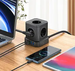 Мережевий зарядний пристрій подовжувач Hoco NS8 3 USB/Type-C 5 розеток 2 м - мініатюра 4