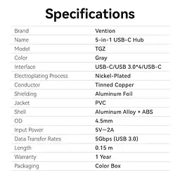 USB-Хаб Vention USB 3.0 Type-C - 4xUSB 3.0/1xUSB-C, 5Gbps, Black (TGZHB) - мініатюра 10