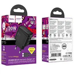 МЗП Hoco CS61A Bright PD30W+QC3.0 (1USB-A/1C) + кабель Type-C to Type-C Black - мініатюра 6