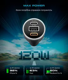 Потужний автомобільний зарядний пристрій у прикурювач 120W з підтримкою Power Delivery та Quick Charge 3.0, роз"єми 2xUSB-C та USB, швидка зарядка для ноутбука, телефону та планшета, ArmorStandart (ARM70026) - мініатюра 2