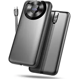 Повербанк 10000 мАг, USB-C Вхід та вихід з кабелем, функція швидкого заряджання
