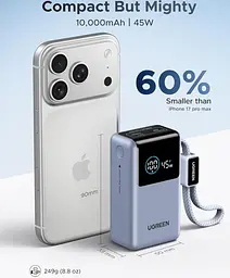 Павербанк з вбудованим кабелем Ugreen PB834 10000 мАг 55W з шкидкою зарядкою та цифровим LED дисплеєм - мініатюра 4