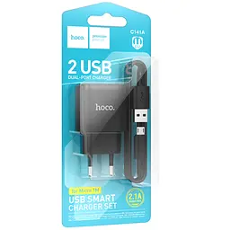 Мережевний зарядний пристрій Hoco C141A Smart 2.1A 2USB-A + кабель USB to MicroUSB Black - мініатюра 2