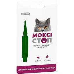 Краплі на холку для котів ProVET Моксістоп для лікування і профілактики гельмінтозів від 4 до 10 кг 1 піпетка по 1 мл (PR241915)
