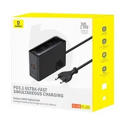 Мережевий зарядний пристрій з кабелем Baseus Baseus Digital GaN Intelligent Desktop Fast Charger 3C+U+DC 240W EU Cluster чорний - мініатюра 2