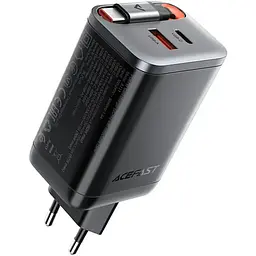 Мережевий зарядний пристрій з кабелем ACEFAST A111 PD67W GaN charger(2*USB-C+USB-A) with retractable cable Black (6974316284062)