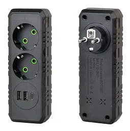 Розетка двойник с заземлением Voltronic F-103 Black, 2 розетки+2xUSB+1xType-C, 2500W, 10A, 110-250V