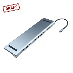 Хаб 2E USB-С USB-A 2.0/2xUSB-A 3.0/2xUSB-C PD/2xHDMI/VGA/jack3.5/microSD/SD/Ethernet 0.15 м сірий