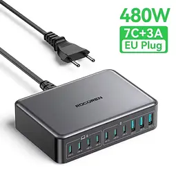 Зарядний пристрій Rocoren 480W GaN 0262 3U+7C (кабель EU) 10 портів чорний - мініатюра 2