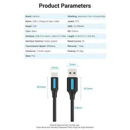 Дата кабель USB 2.0 AM to USB-C 1.5m 3A black Vention (COKBG) - мініатюра 5