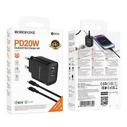 Зарядний комплект Borofone BA83A Dual port fast charger set 1USB-C/1USB PD/QC 20W Type-C to Lightning Black (36175_3606868) - мініатюра 3
