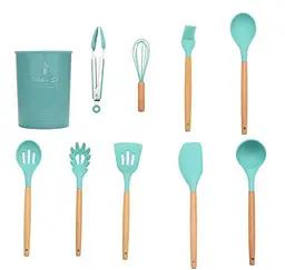 Кухонний набір Silikone Kitchen Set м'ятний із силікону з бамбуковою ручкою з 12 предметів